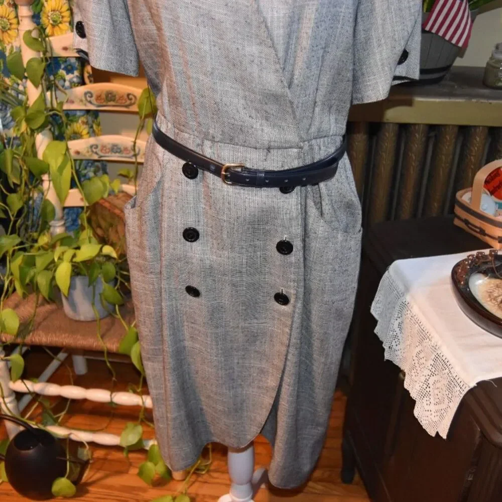 Vintage 80s Does 40s Caron Petite Chicago Power Dress Gray Tweed Size M